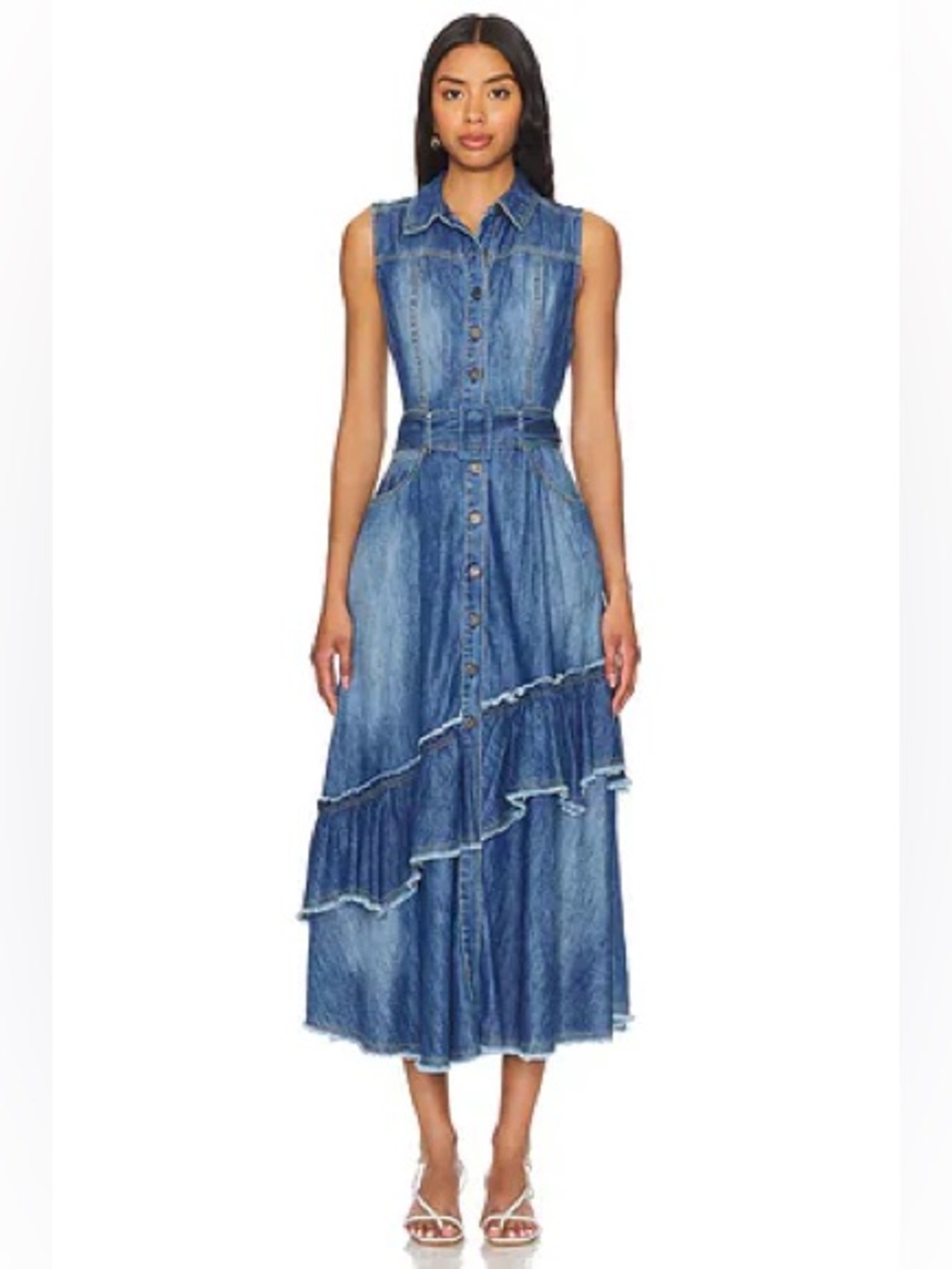 Free People Beau Midi Denim Dress Blue Tiered Sleeveless Medium